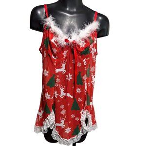 Avidlove Women’s XL Red Christmas-Themed Lace & Feathered Chemise Babydoll